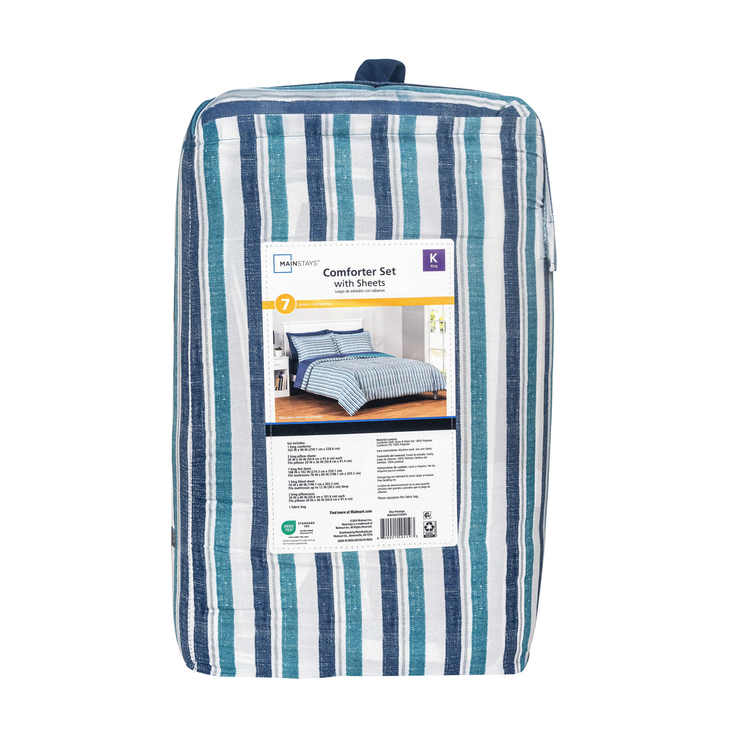 Mainstays All in One Reversible Comforter and Sheet Set- 7 Piece, Queen, Blue Pinstripe