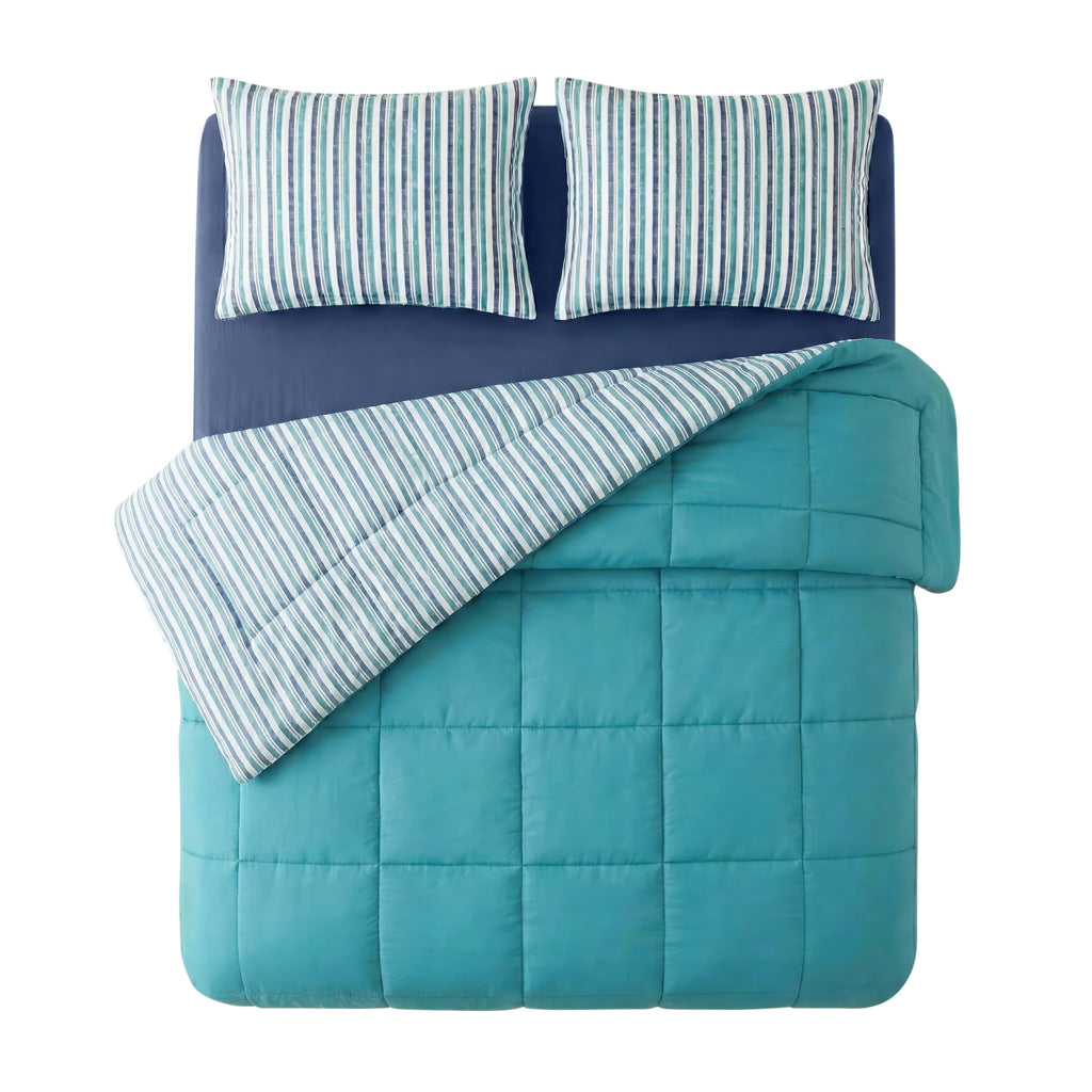 Mainstays All in One Reversible Comforter and Sheet Set- 7 Piece, Queen, Blue Pinstripe