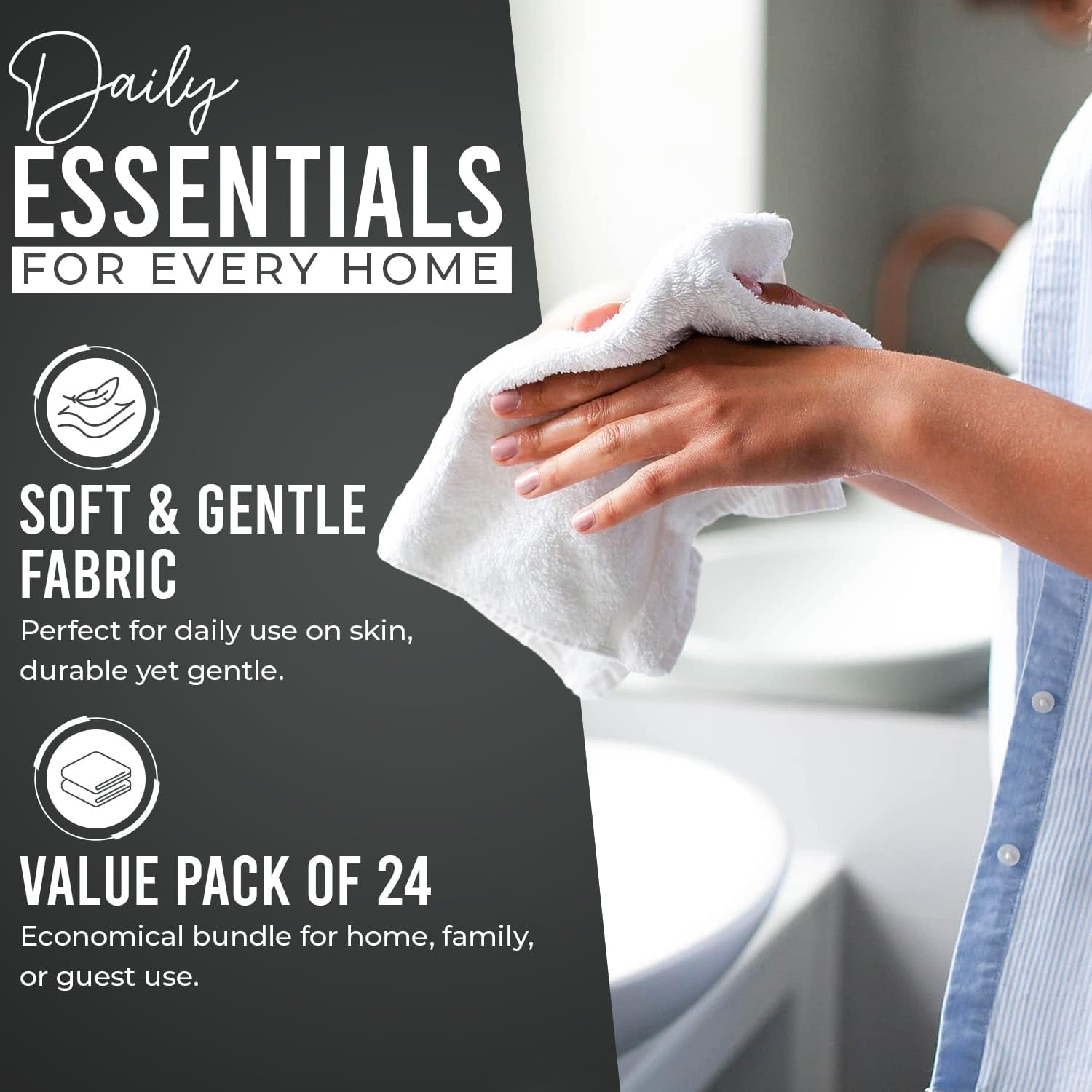 Dan River Washcloths pack of 24 High-Quality Soft Cotton Absorbent and Multipurpose Wash Clothes for Face & Body - Gray, 12x12in