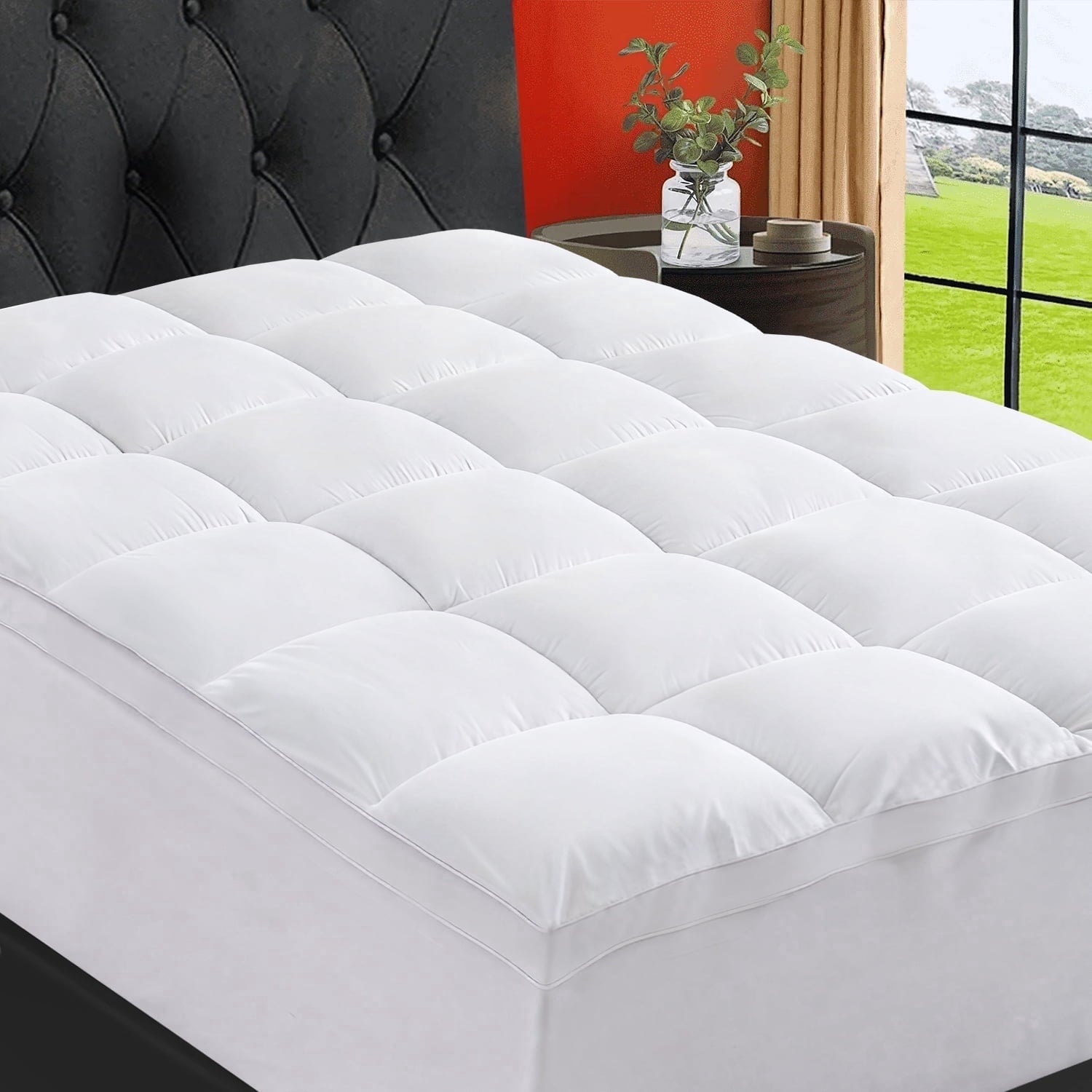 EMONIA 100% 400TC Mattress Topper Queen for Back Pain, 900GSM Mattress Pad Pillow Top, Quilted Fitted Mattress Protector Cover with 8-21" Deep Elastic Pocket, Soft Comfort Breathable (White, Queen)