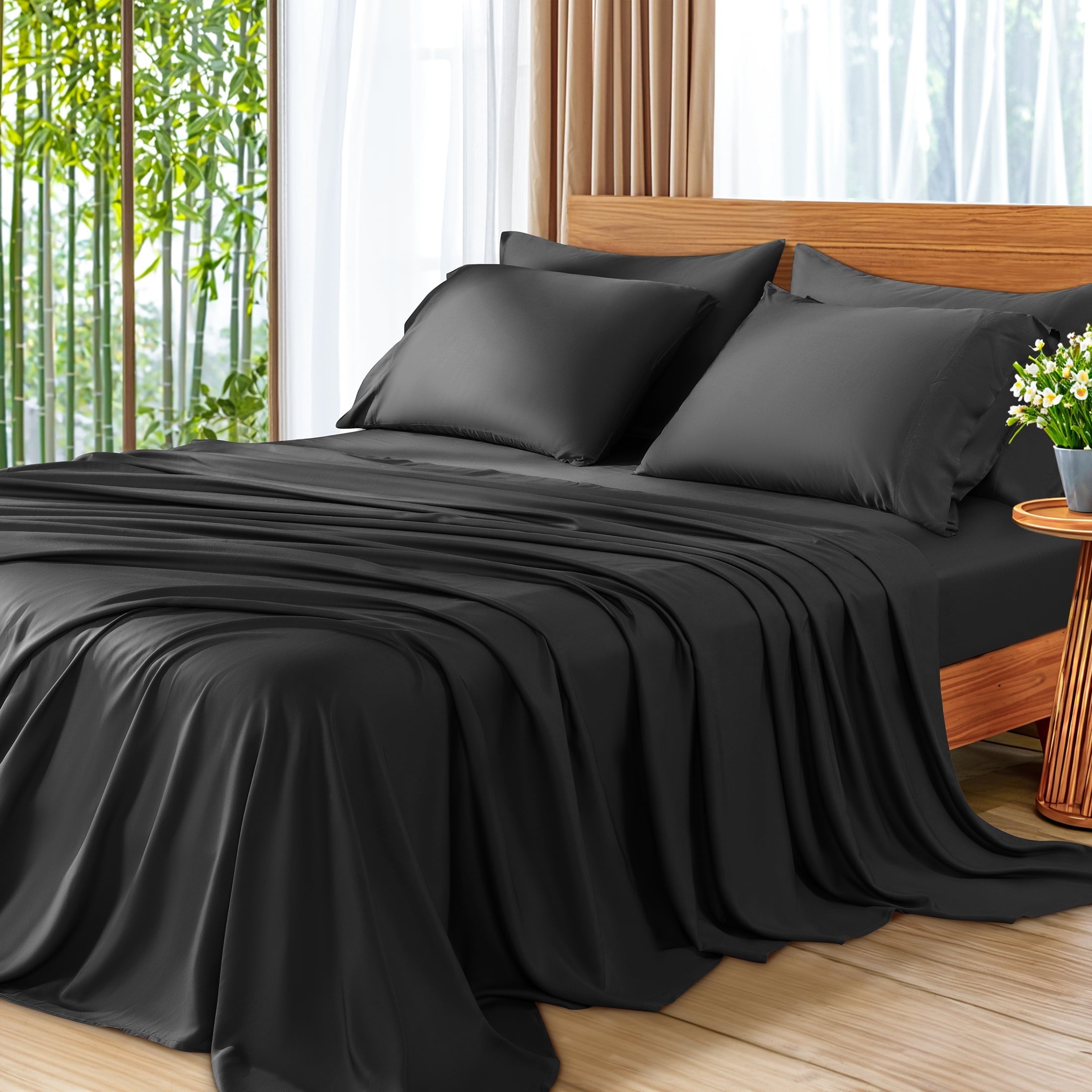 SONORO KATE 6 Pieces Bamboo Bed Sheets Set, Luxury Rayon Derived - Deep Pockets - Wrinkle Free - Extremely Soft, Queen, Dark Gray