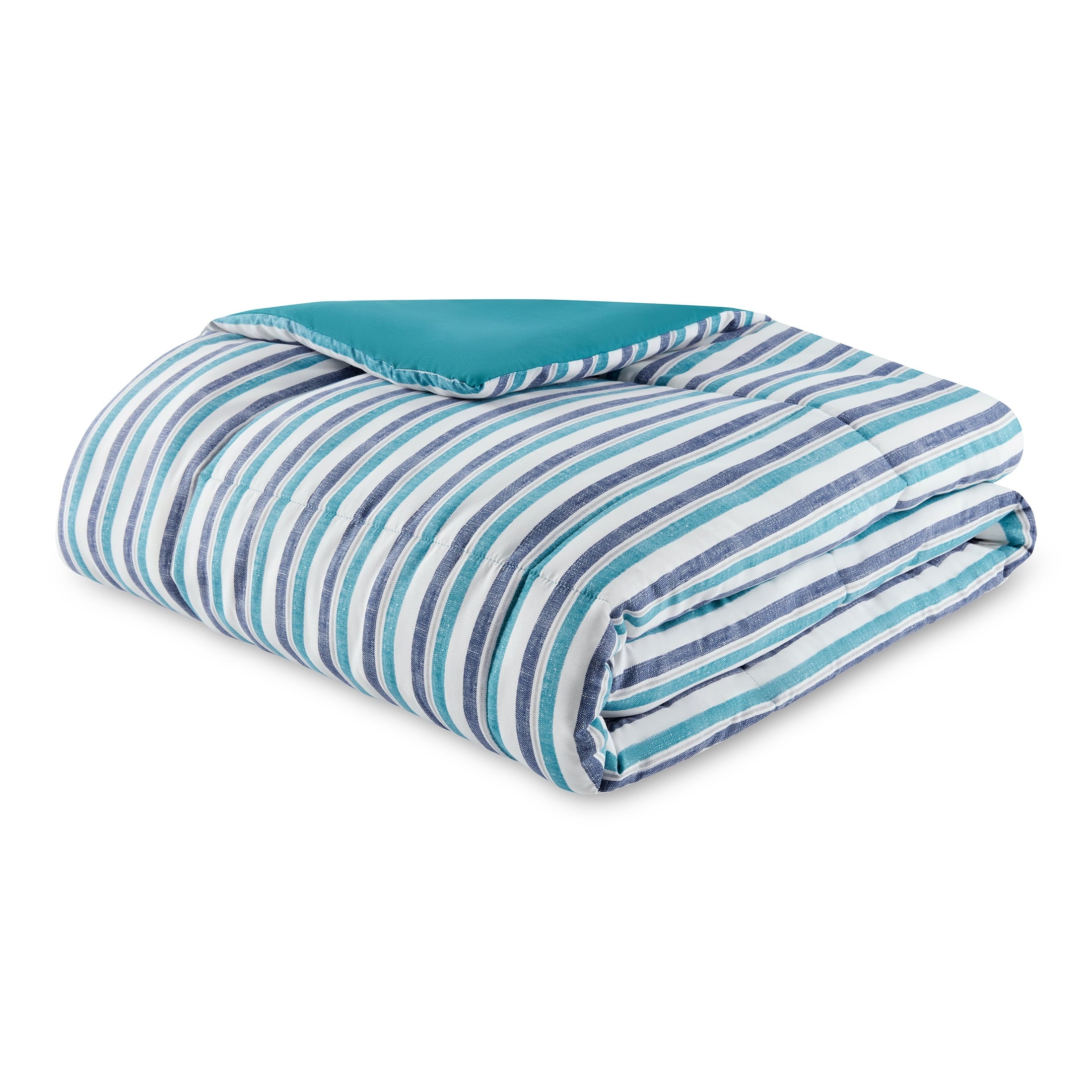 Mainstays All in One Reversible Comforter and Sheet Set- 7 Piece, Queen, Blue Pinstripe