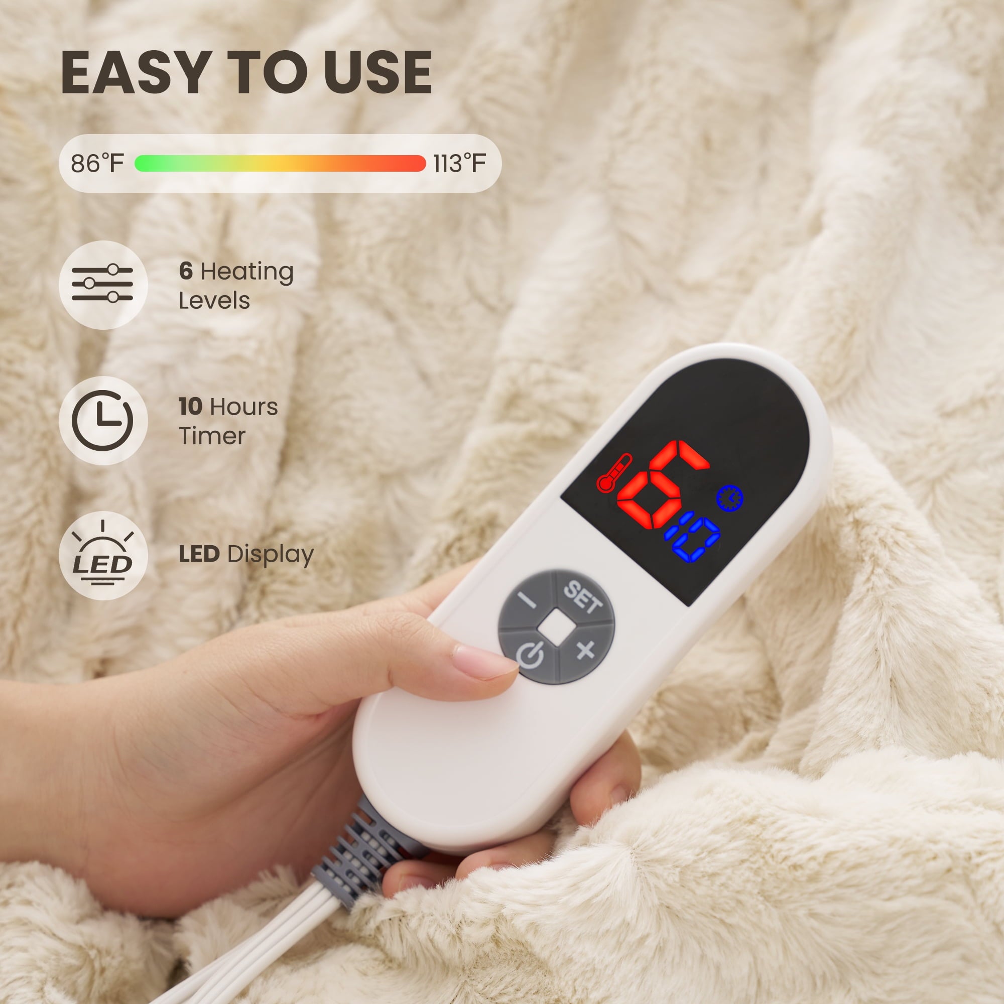 MARNUR Heated Blanket 72"x84" Faux Fur & Sherpa Electric Blanket with 6 Heat Levels, 10H Timer, LED Display, Machine Washable, Tie-Dye Off-White