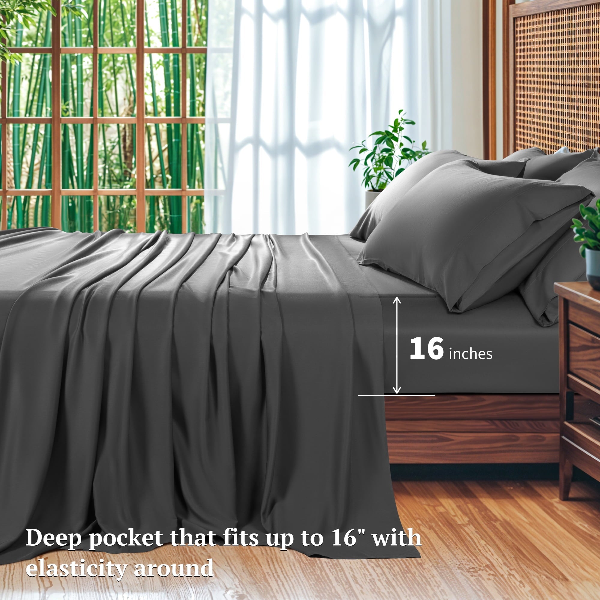 SONORO KATE 6 Pieces Bamboo Bed Sheets Set, Luxury Rayon Derived - Deep Pockets - Wrinkle Free - Extremely Soft, Queen, Dark Gray