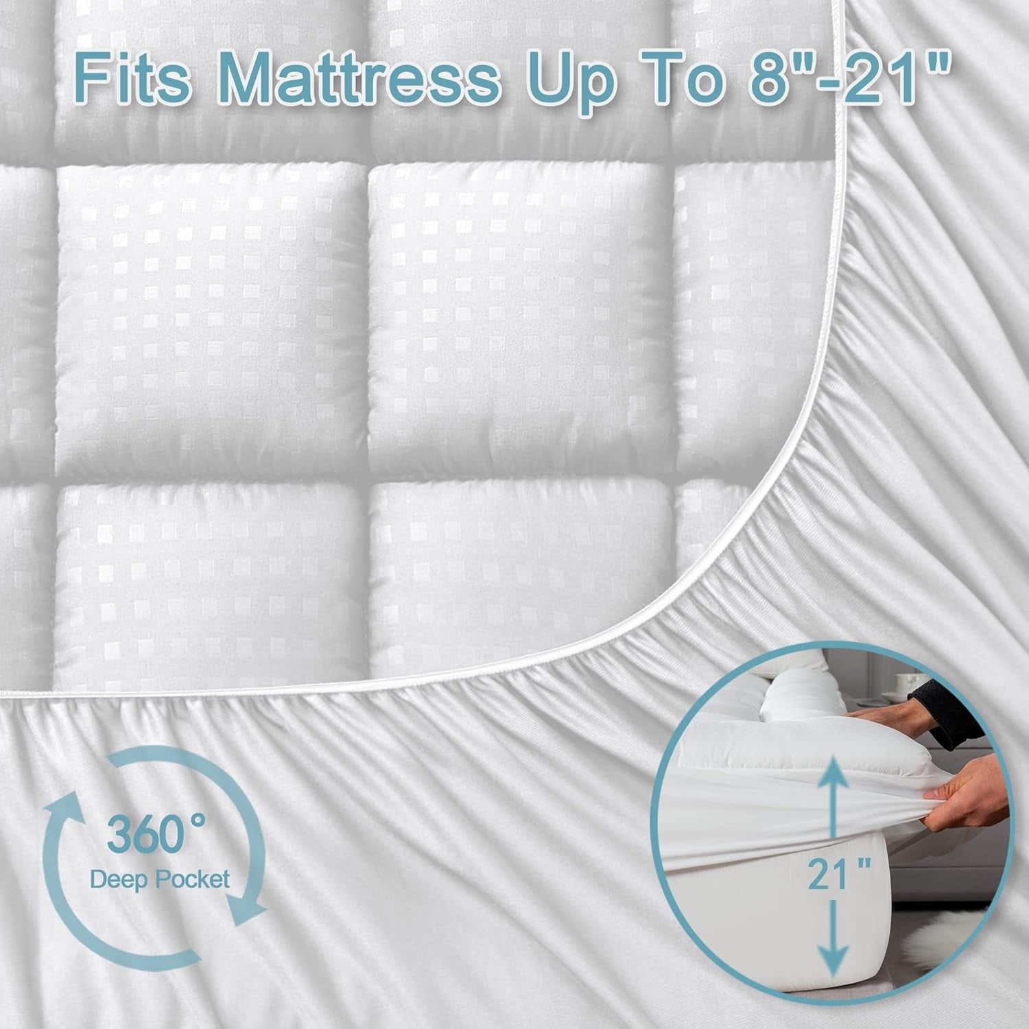 Queen Size Waterproof Mattress Pad Protector, Breathable Quilted Mattress Cover Noiseless Waterproof Fitted Sheet Mattress Topper Up to 21" Deep Pocket